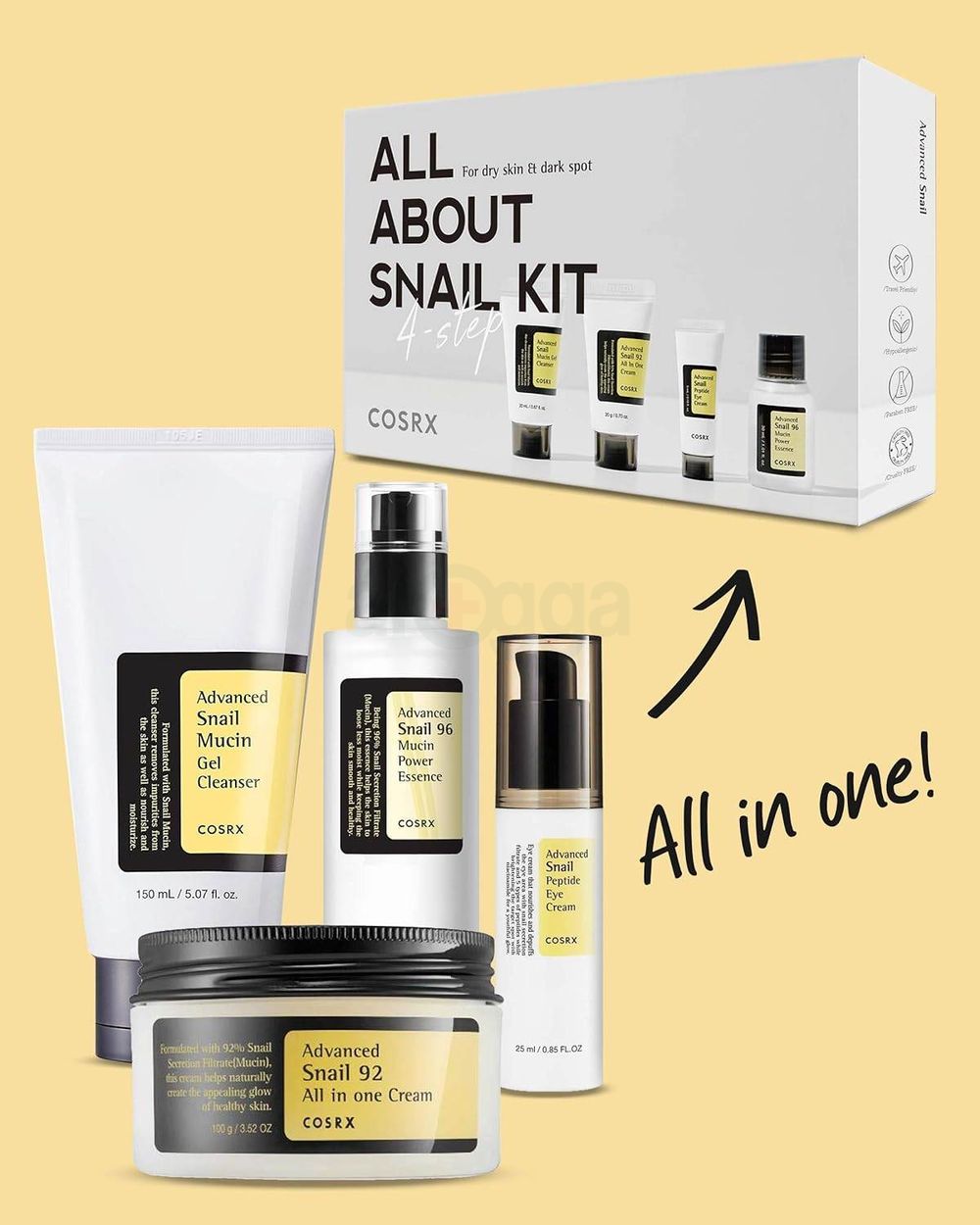 Cosrx All About Snail Kit 4 Step Gift Set for Dry Skin & Dark Spot (Advanced Snail Mucin Cleanser 20ml, Advanced Snail 96 Mucin Power Essence 30ml, Advanced Snail Peptide Eye Cream 5ml & Advanced Snail 92 All In One Cream 20g)  