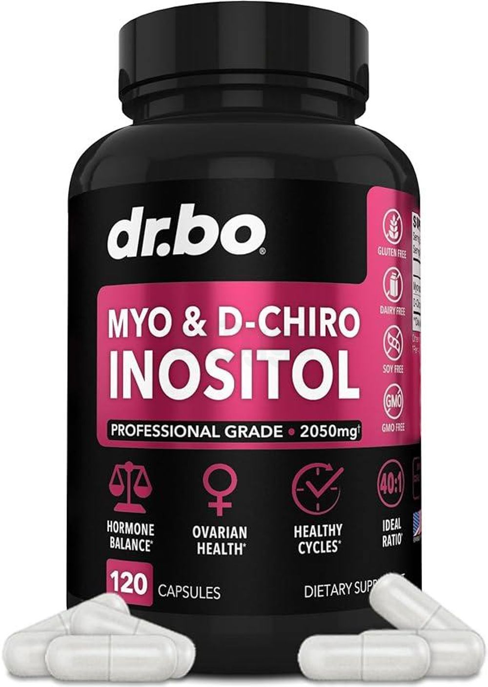 dr. bo Myo-Inositol & D-Chiro Inositol Supplement Capsules - 40:1 Ratio Hormone Balance for Women with Vitamin B8 - Fertility Supplements for Women 120 Capsules  