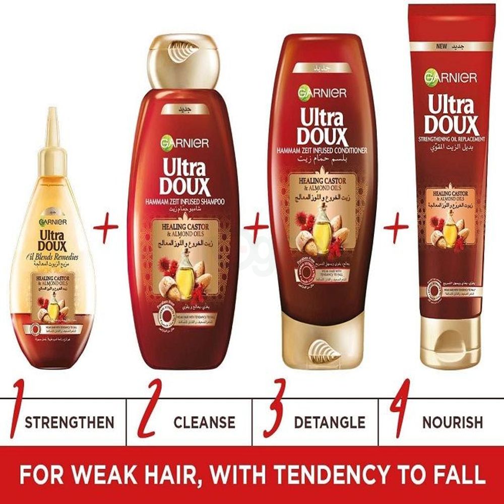 Garnier Ultra Doux Hammam Zeit Infused Shampoo with Restoring Castor & Almond Oils for Weak Hair with Tendency to Fall  