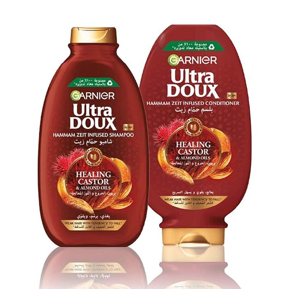 Garnier Ultra Doux Hammam Zeit Infused Shampoo with Restoring Castor & Almond Oils for Weak Hair with Tendency to Fall  