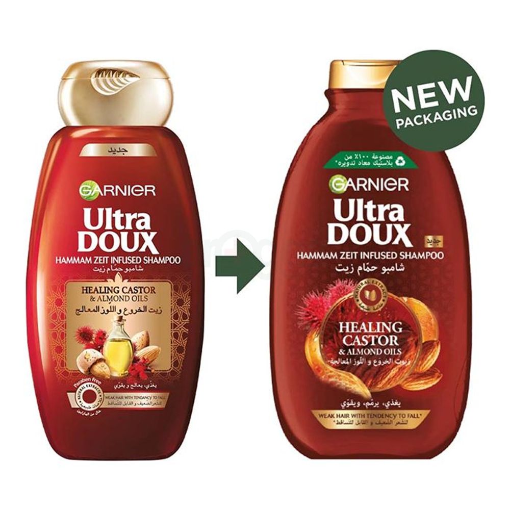 Garnier Ultra Doux Hammam Zeit Infused Shampoo with Restoring Castor & Almond Oils for Weak Hair with Tendency to Fall  