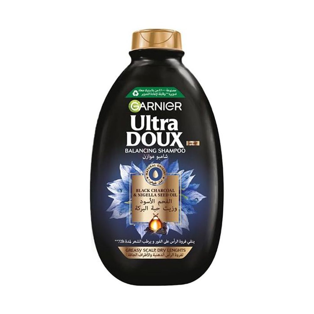 Garnier Ultra Doux Balancing Shampoo with Black Charcoal & Nigella Seed Oil for Greasy Scalp & Dry Lengths  