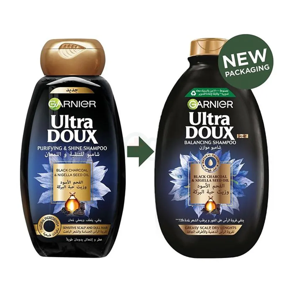 Garnier Ultra Doux Balancing Shampoo with Black Charcoal & Nigella Seed Oil for Greasy Scalp & Dry Lengths  