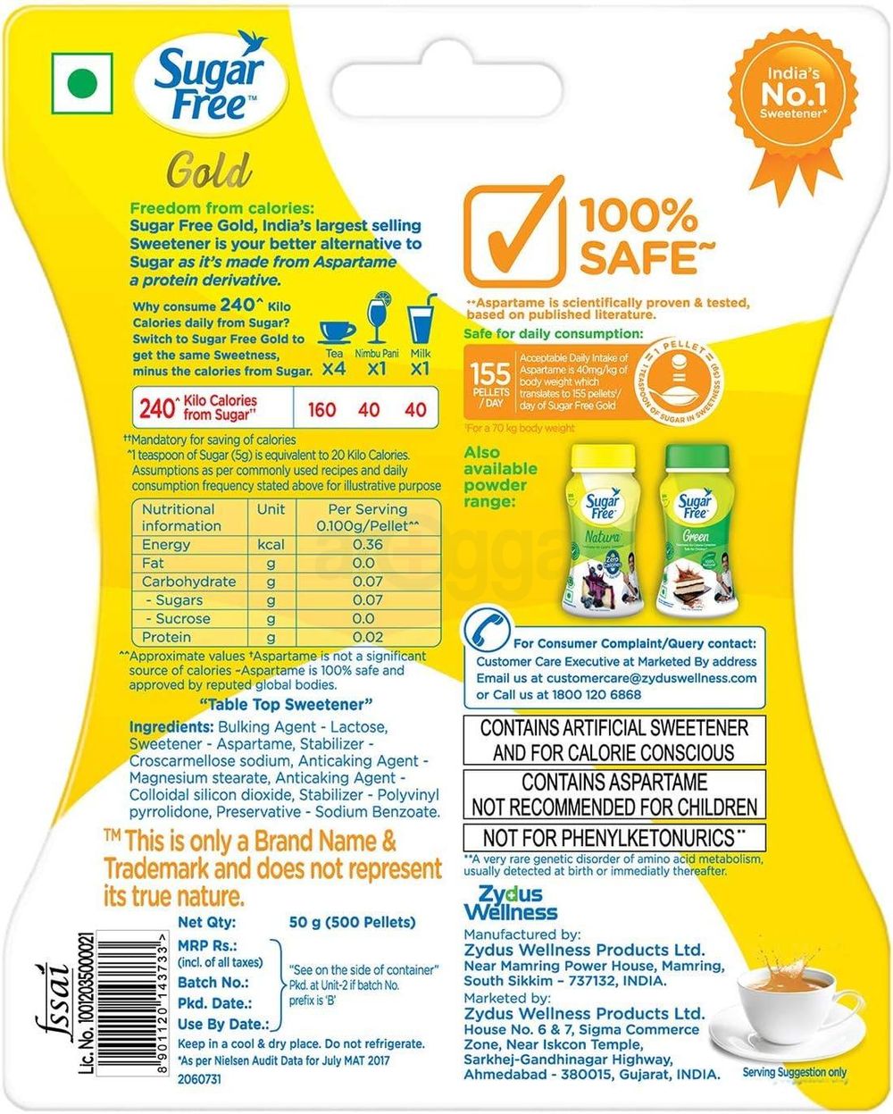 Sugar Free Gold is Equal to Zero Calories Sweetener Low Calorie Sugar Substitute 500 Pellets  