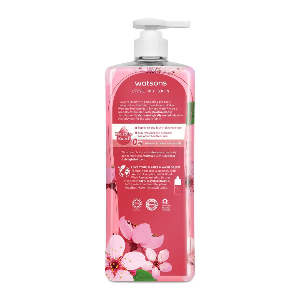 Watsons Love My Skin Cherry Blossom Scented Cream Body Wash for Softening & Moisturising 1000ml  