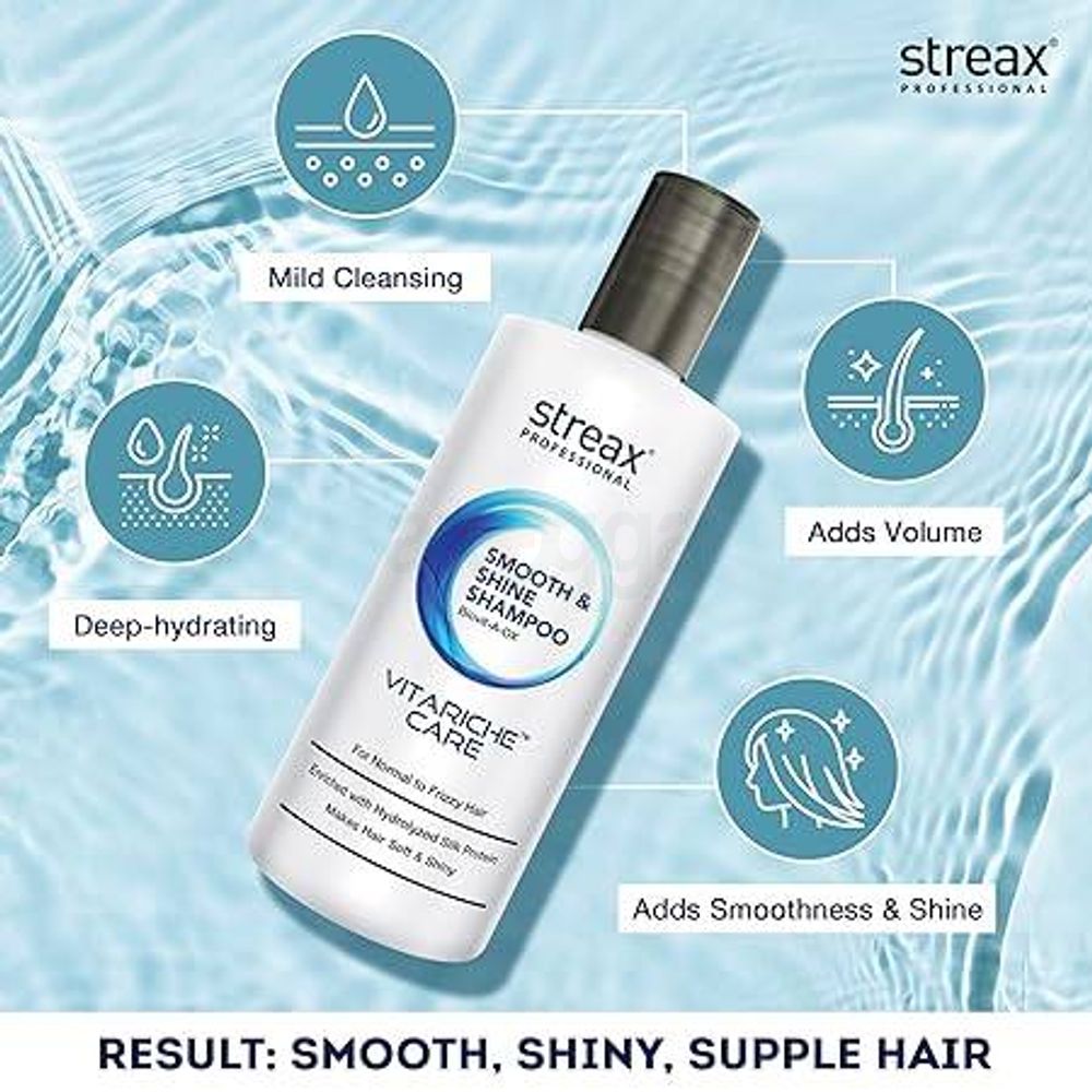 Streax Professional Vitariche Care Smooth & Shine Shampoo for  Normal to Dry & Frizzy Hair 300ml  