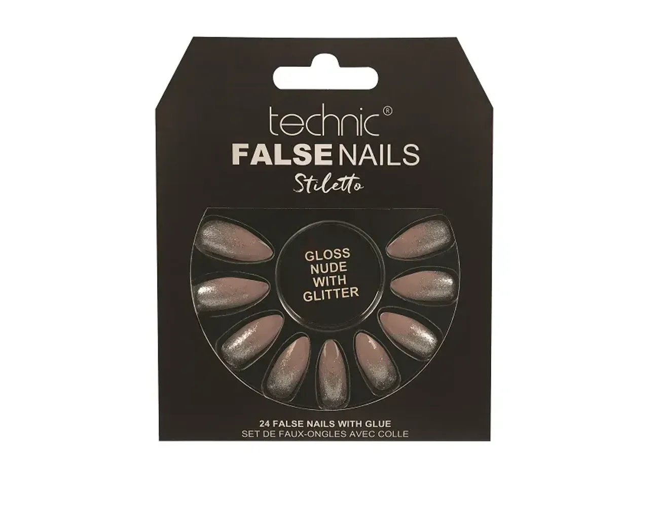 Technic Stiletto 24 False Nails with Glue - Gloss Nude with Glitter  