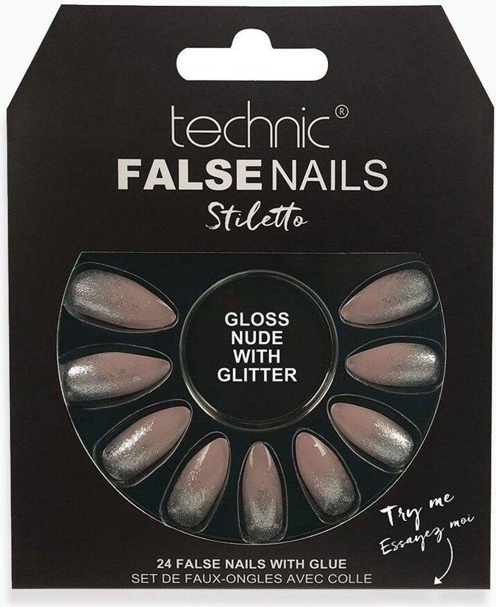 Technic Stiletto 24 False Nails with Glue - Gloss Nude with Glitter  