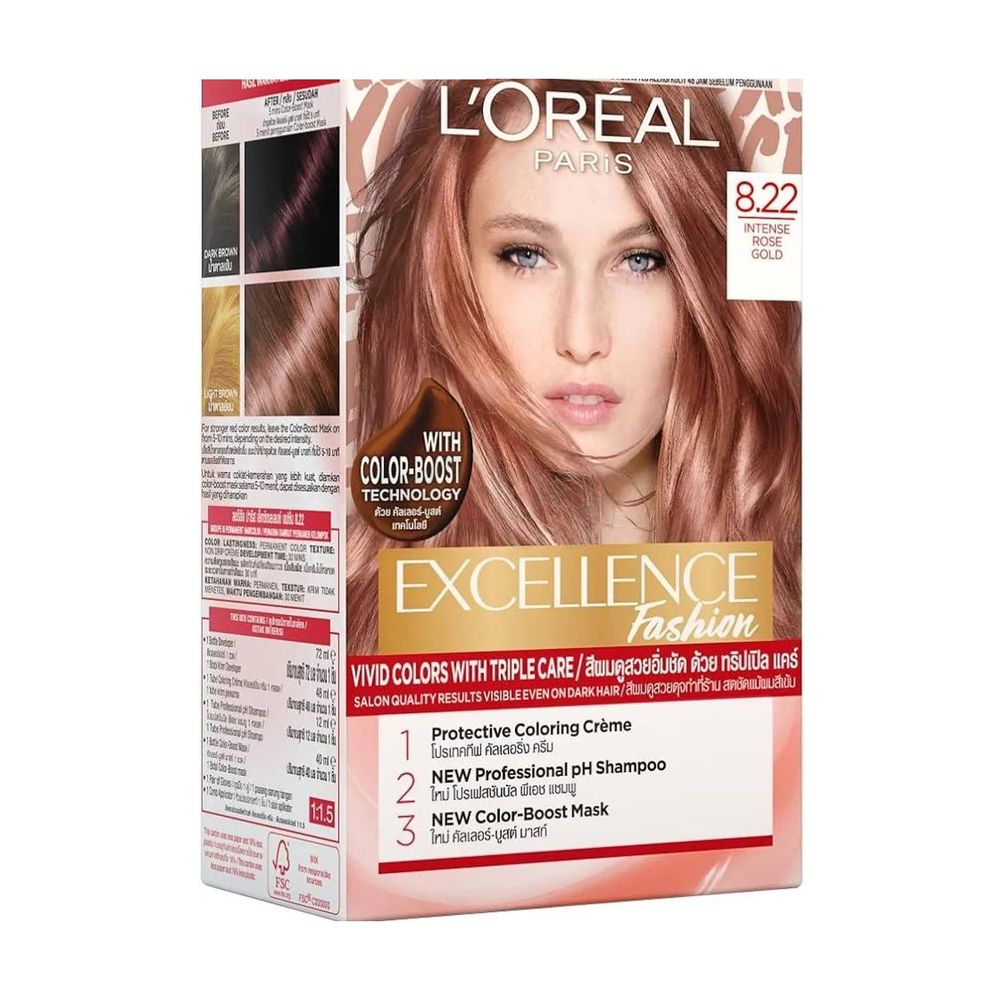 Loreal Paris Excellence Fashion Vivid Colors with Triple Care Hair Color - 8.22 Intense Rose Gold  