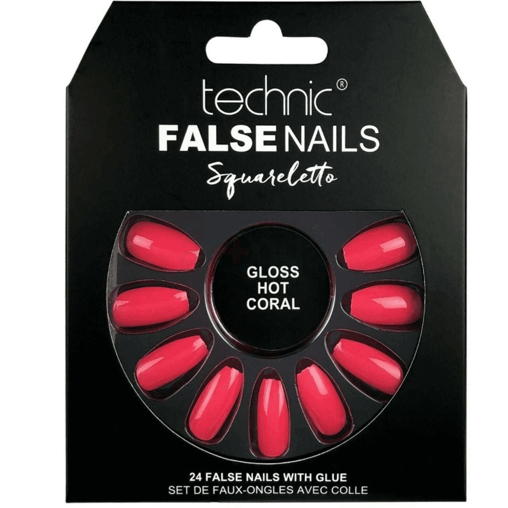 Technic Squareletto 24 False Nails With Glue - Gloss Hot Coral  