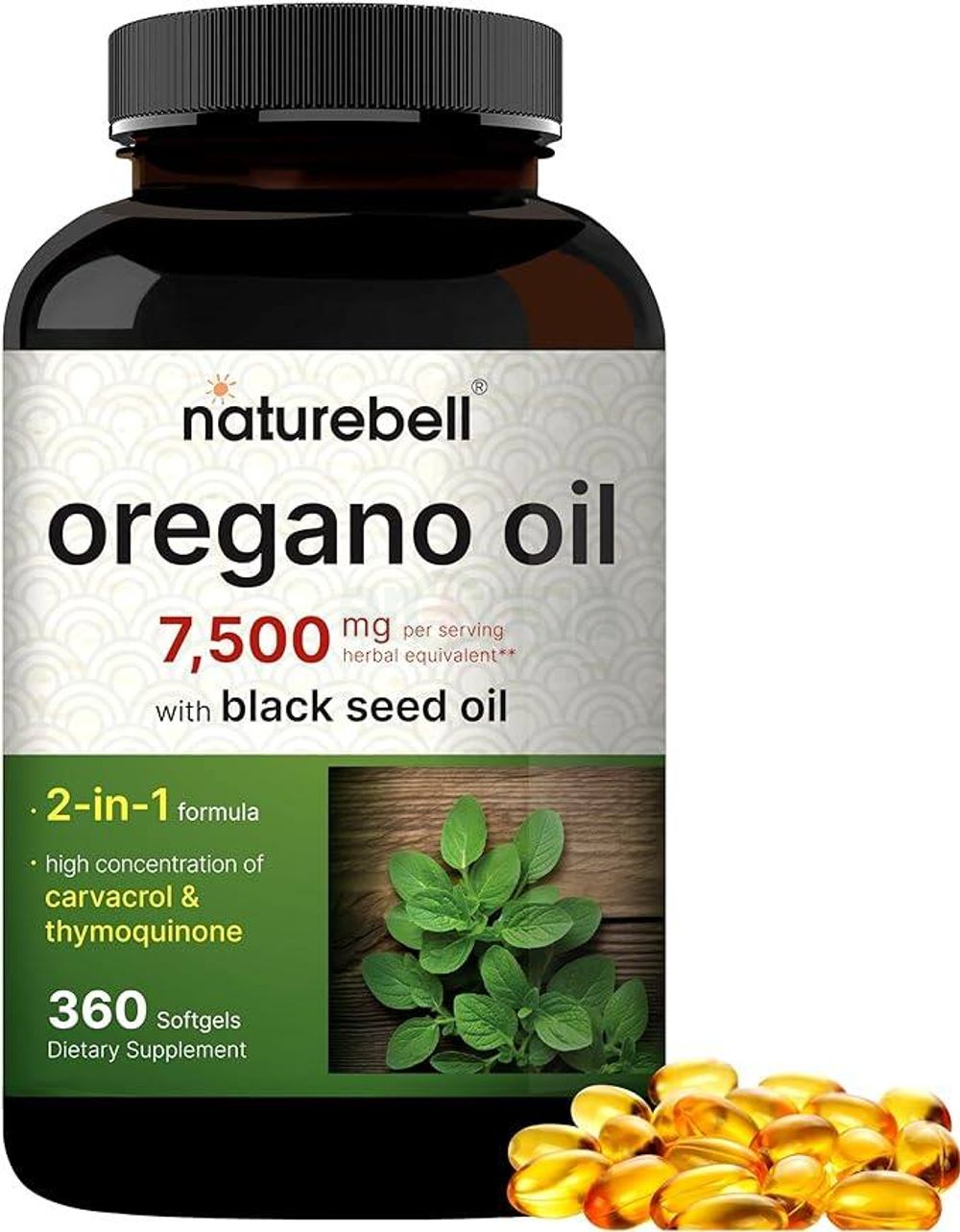 Naturebell Oregano Oil 7,500mg with Black Seed Oil, 360 Softgels | 360-day Supply Essential Oils for Immune Health  