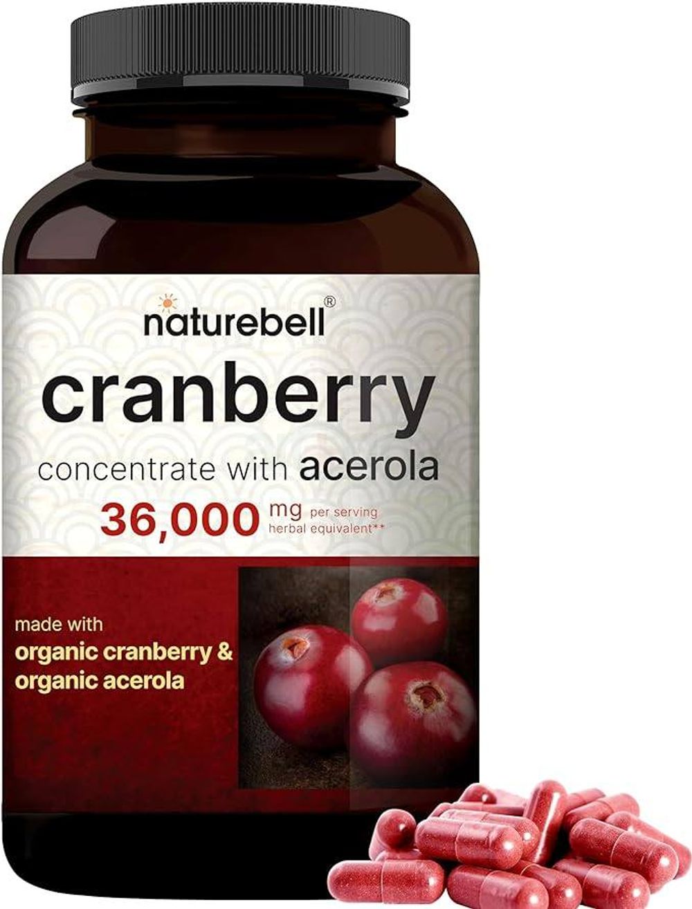 Naturebell Cranberry Pills 36,000mg with Acerola, 240 Veggie Capsules  