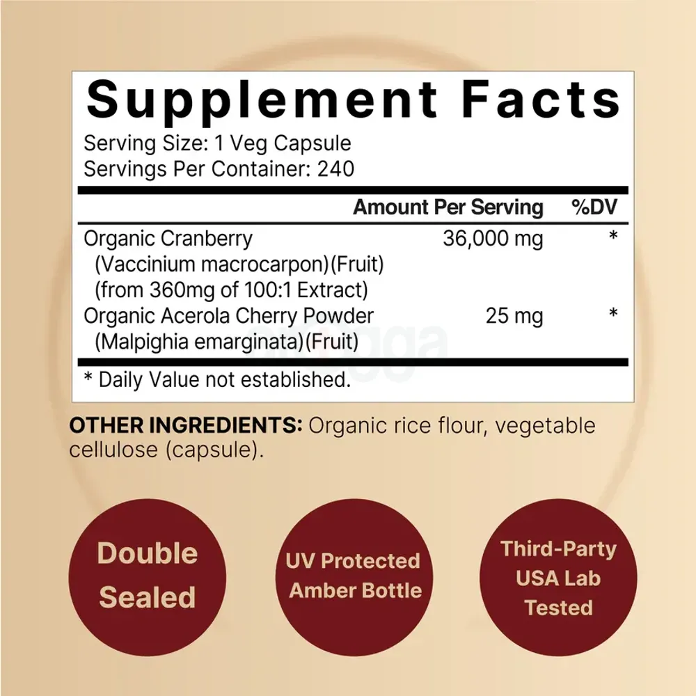 Naturebell Cranberry Pills 36,000mg with Acerola, 240 Veggie Capsules  