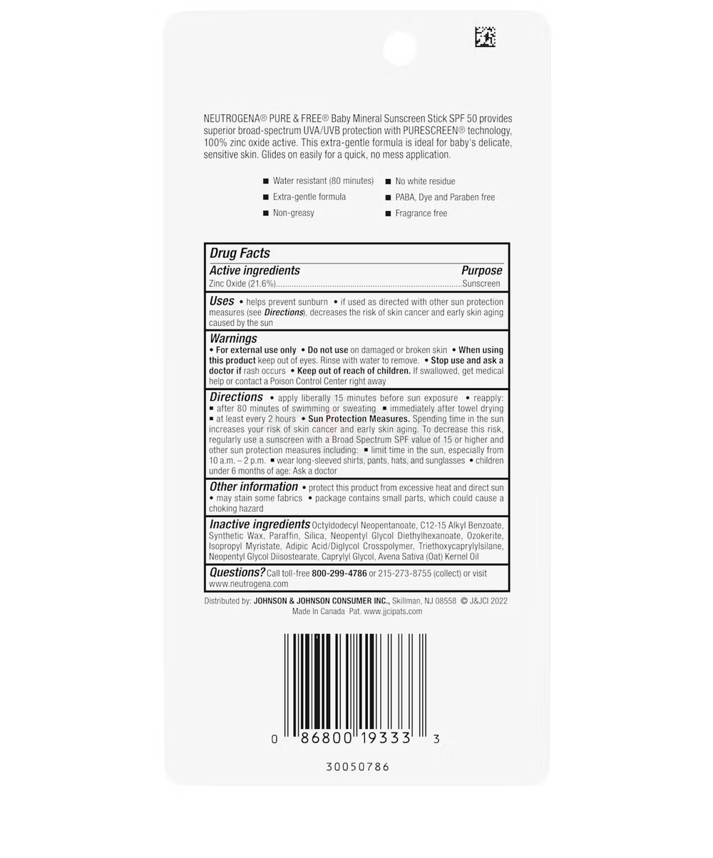 Neutrogena Pure & Free Baby Zinc Oxide Sunscreen Stick Broad Spectrum SPF 50 for Delicate Skin 13g  
