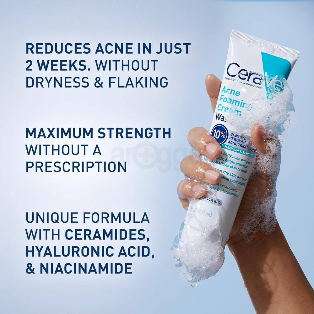 Cerave Acne Foaming Cream Wash 10% Benzoyl Peroxide for Acne Treatment (Made in USA)  150ml  