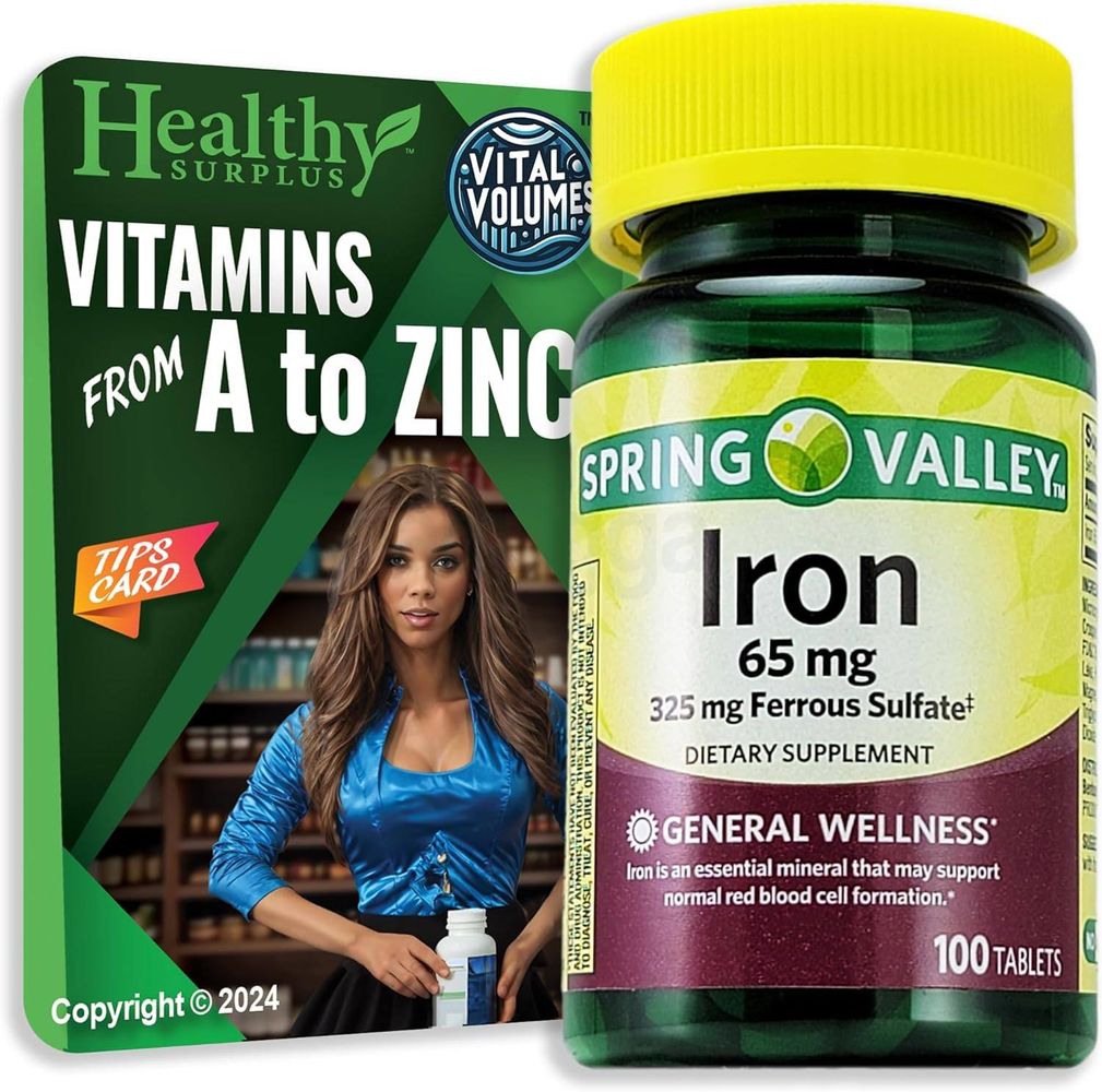 Spring Valley Iron 65 mg 325 mg Ferrous Sulfate 100 Tablets and Vital Volumes Vitamin A to Zinc  