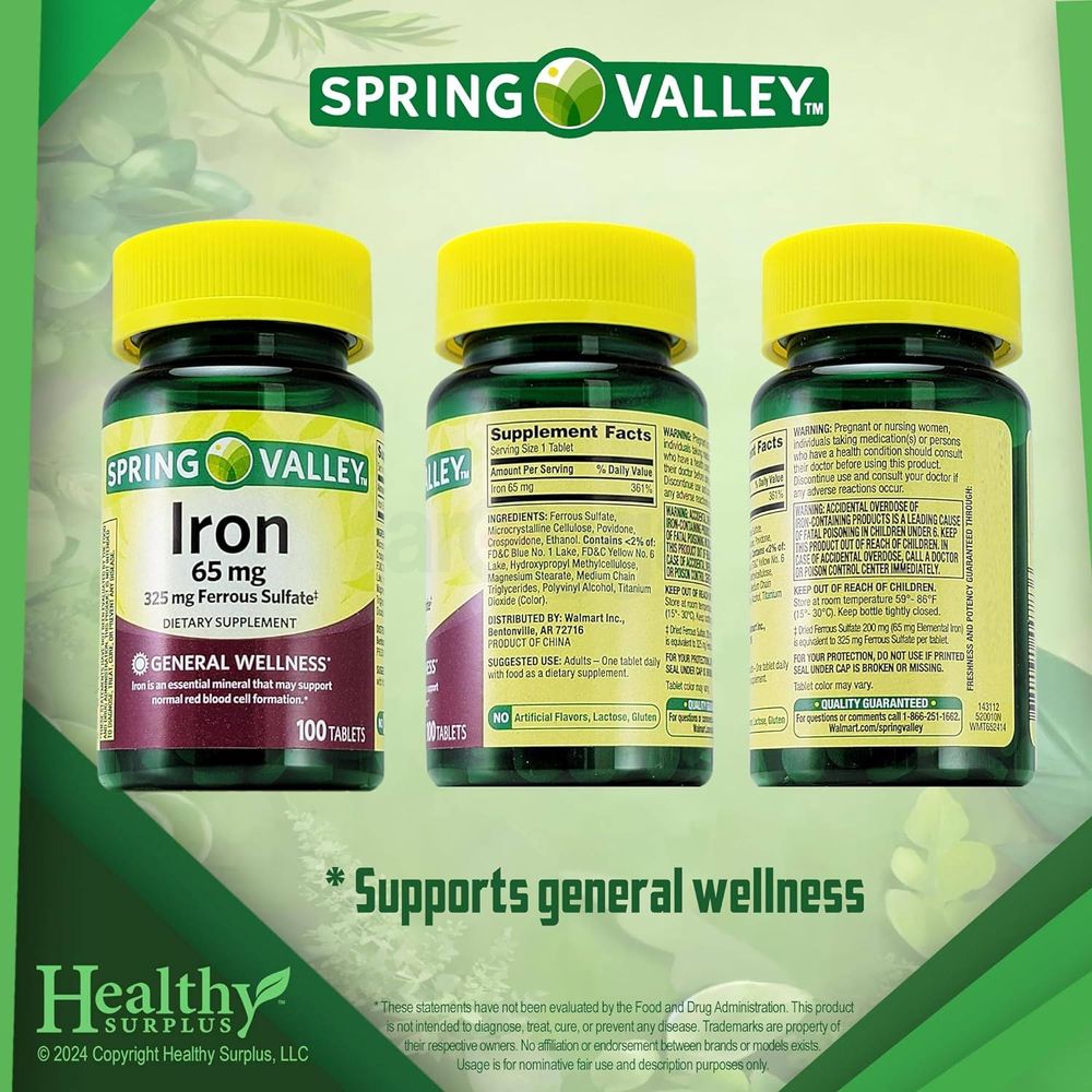 Spring Valley Iron 65 mg 325 mg Ferrous Sulfate 100 Tablets and Vital Volumes Vitamin A to Zinc  