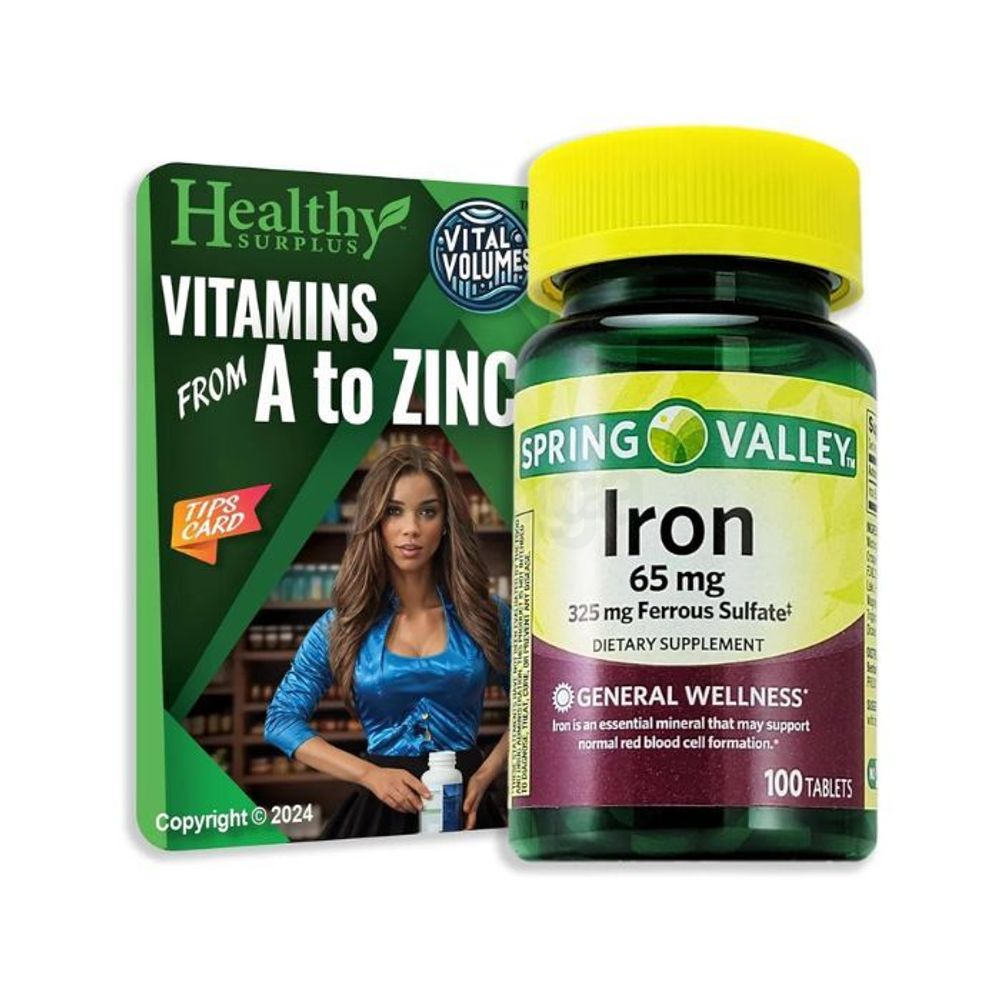 Spring Valley Iron 65 mg 325 mg Ferrous Sulfate 100 Tablets and Vital Volumes Vitamin A to Zinc  