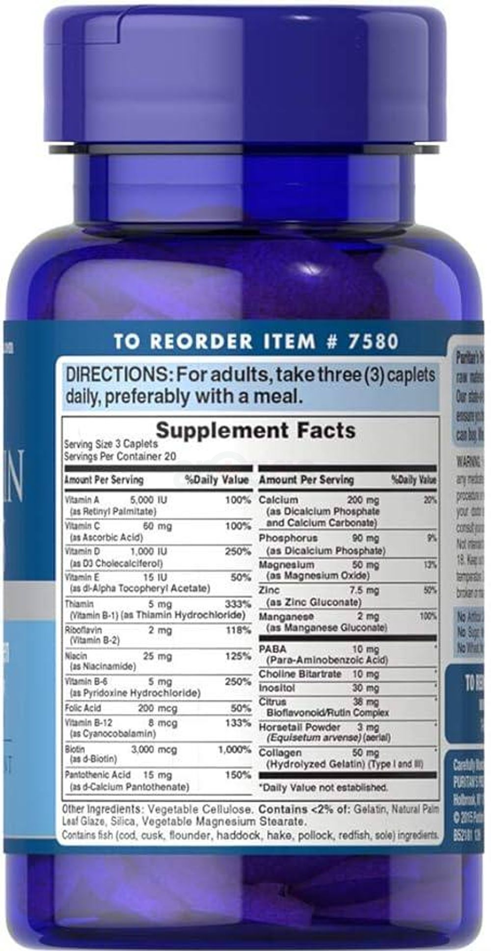 Puritan's Pride Hair Skin and Nails Biotin Formula Coated Caplets, 3000 Mcg, 60 Count  