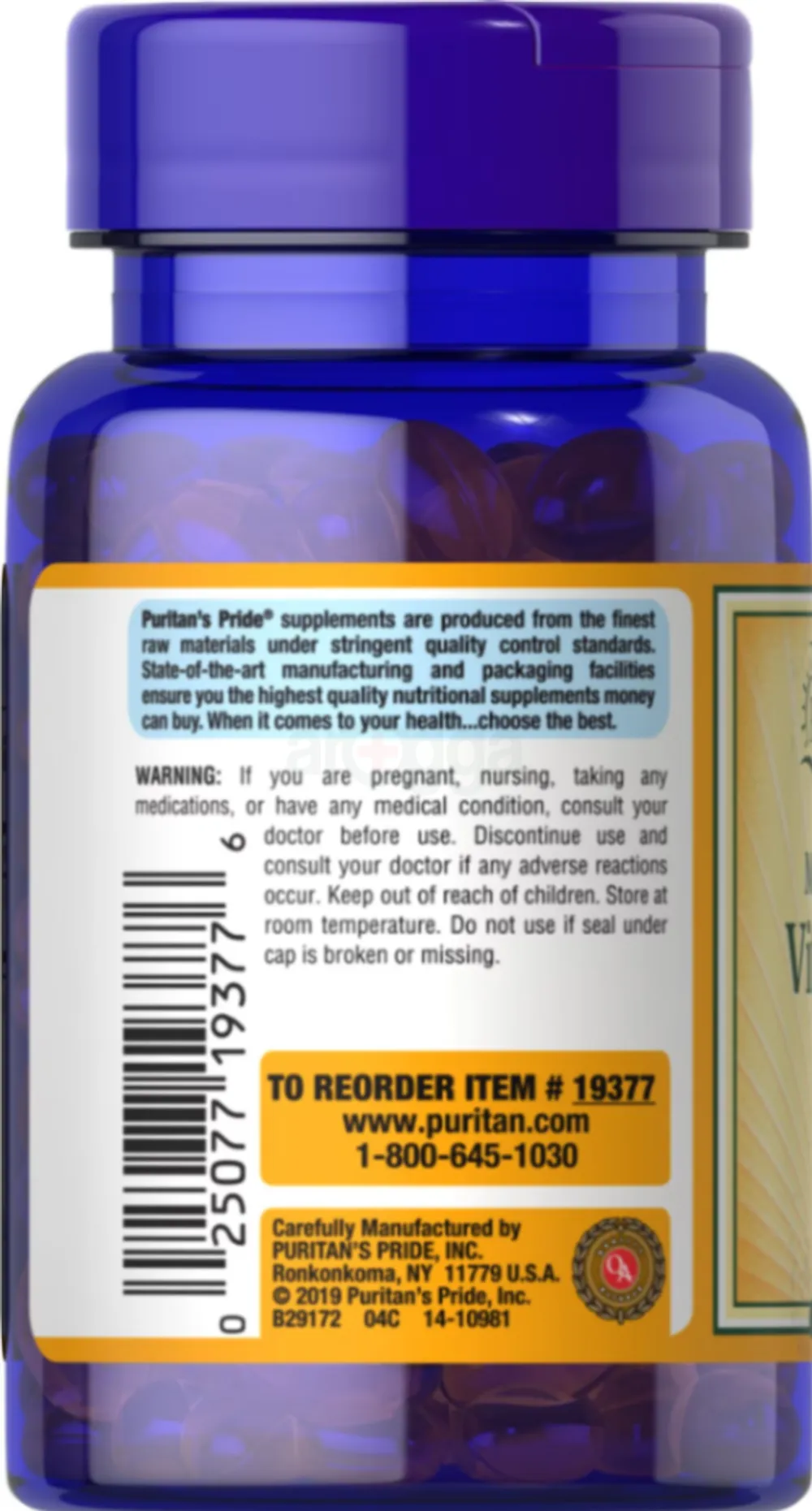 Puritan’s Pride Vitamin D3 125 mcg (5000 IU) – 100 Softgels  