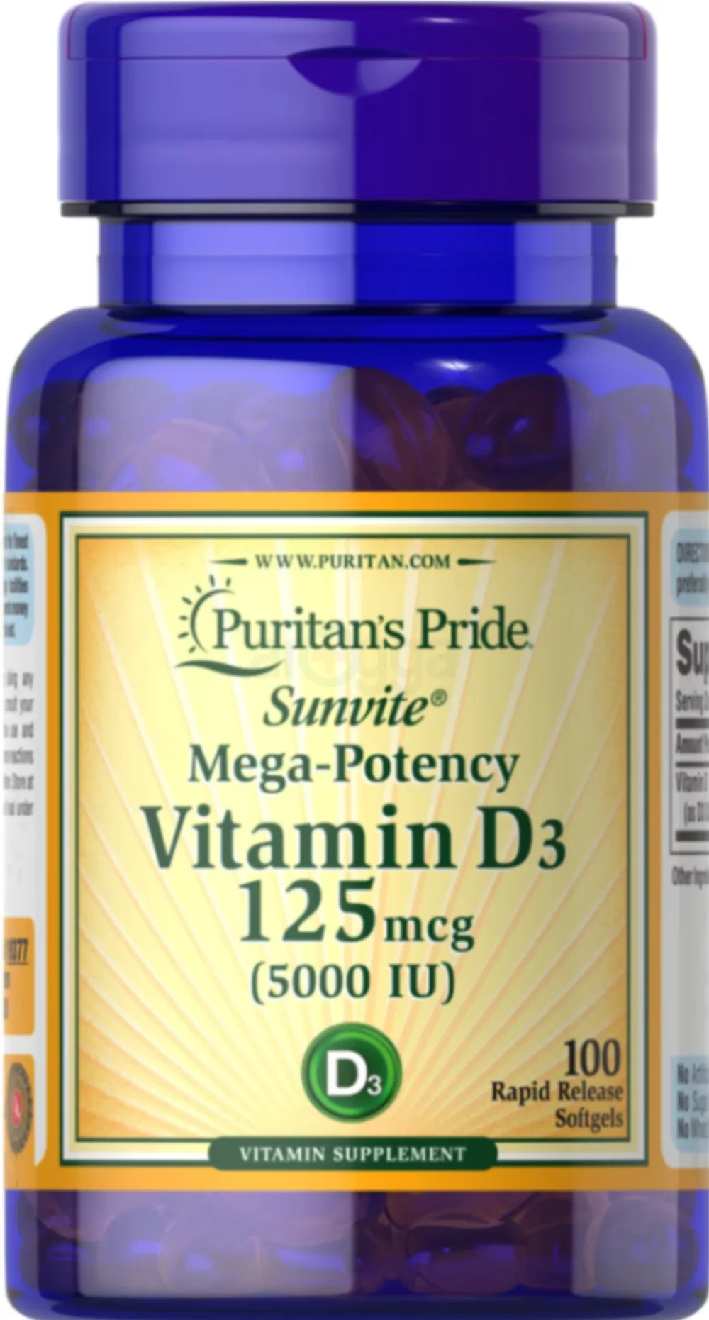 Puritan’s Pride Vitamin D3 125 mcg (5000 IU) – 100 Softgels  