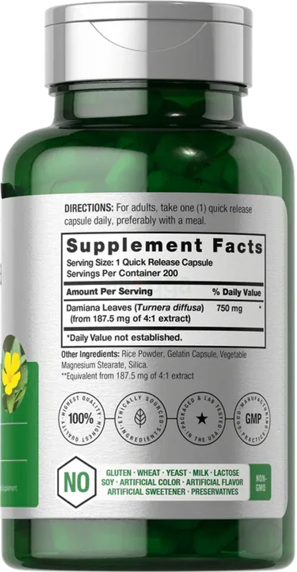 Damiana Leaf 750mg | 200 Capsules | Turnera Diffusa | Non-GMO, Gluten Free  