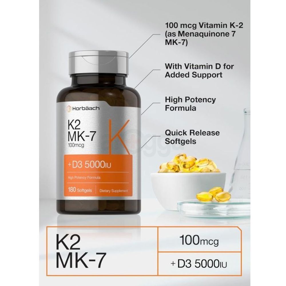 Vitamin D3 K2 | 5000iu of Vitamin D & 100mcg MK-7 Complex 180 Softgel  