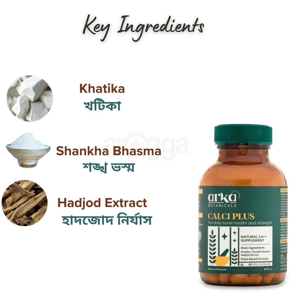 Calci Plus 60 Veg Capsules Daily Bone Health, Density & Strength Plant Based  Khatika, Shankh Bhasma  