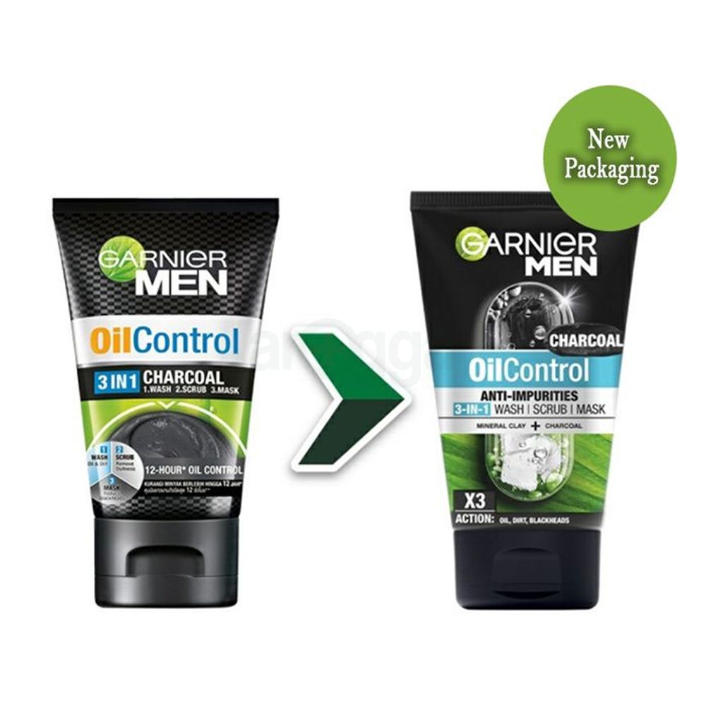 Garnier Men Anti Impurities Oil Control 3 in 1 Facewash, Scrub and Mask with Mineral Clay and Charcoal  