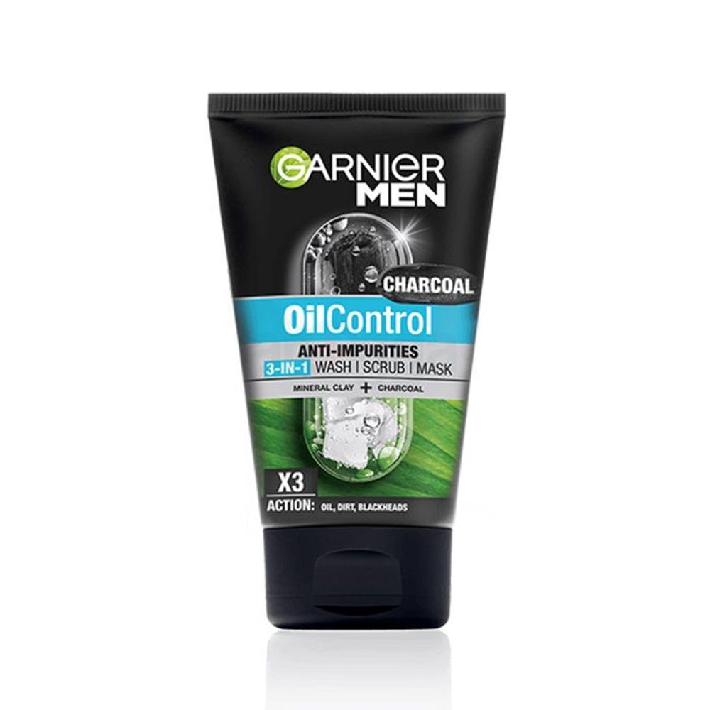 Garnier Men Anti Impurities Oil Control 3 in 1 Facewash, Scrub and Mask with Mineral Clay and Charcoal  