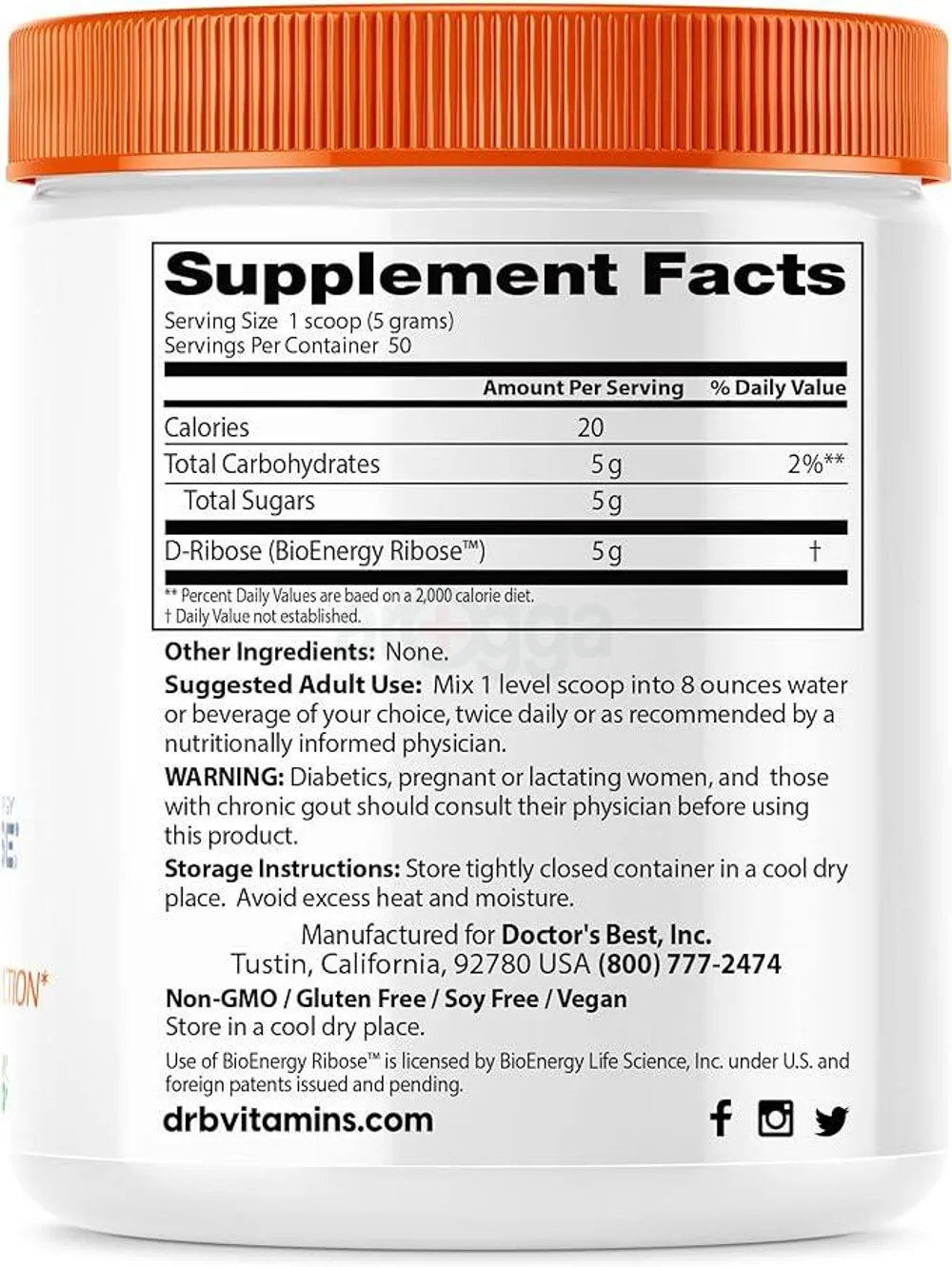 Doctor's Best Non-GMO, Vegan, Gluten-Free, Energy Enhancement D-Ribose with Bioenergy Ribose  