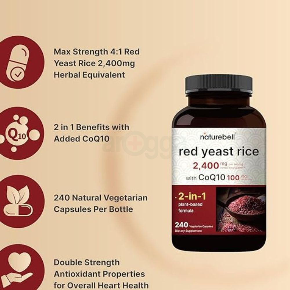 NatureBell Red Yeast Rice 2,400mg with CoQ10 100mg | 240 Veggie Capsules  