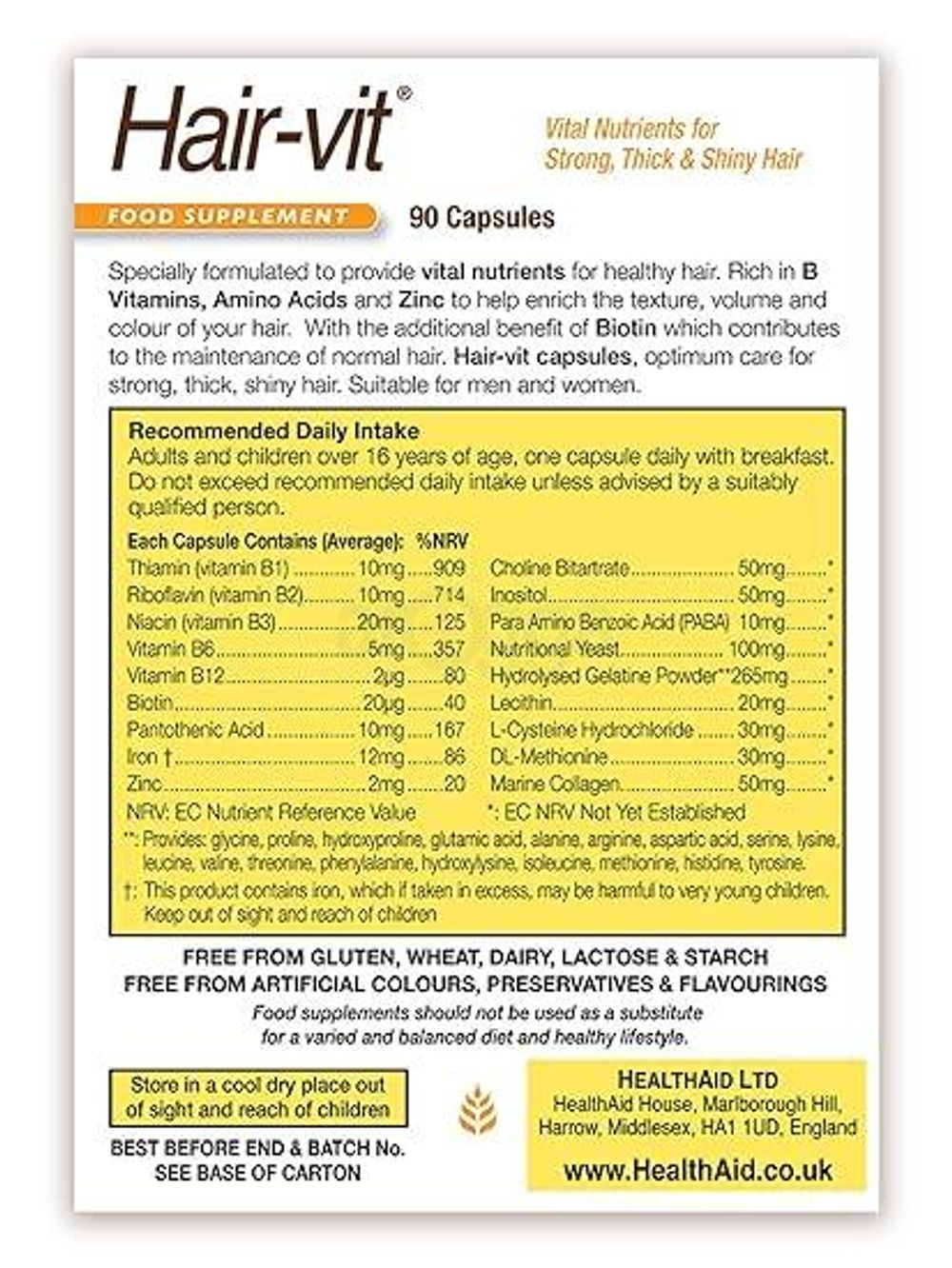 Health Aid Hair-Vit Vital Nutrients 30pcs Capsules for Strong, thick & Shiny Hair  