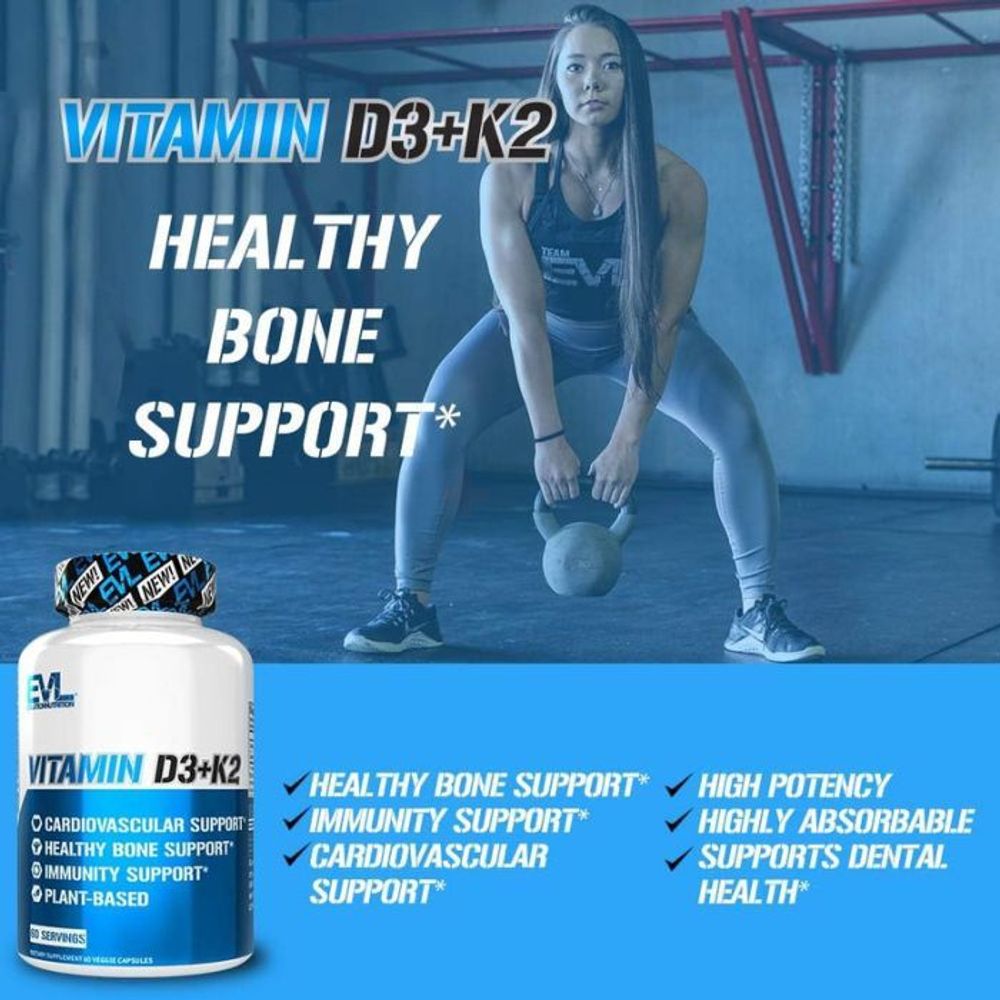 Evlution Nutrition Vitamin D3 + K2 for Immune System Support, Bone, Brain and Heart Health Support, Non-GMO and Gluten-Free, High Potency, Improve Calcium Absorption, 60 Servings  