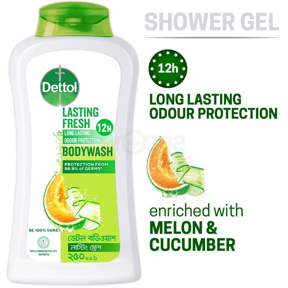 Dettol Lasting Fresh Antibacterial Body Wash Shower Gel with Refreshing Melon & Cucumber Fragrance 12 Hours Odour Protection 250ml  