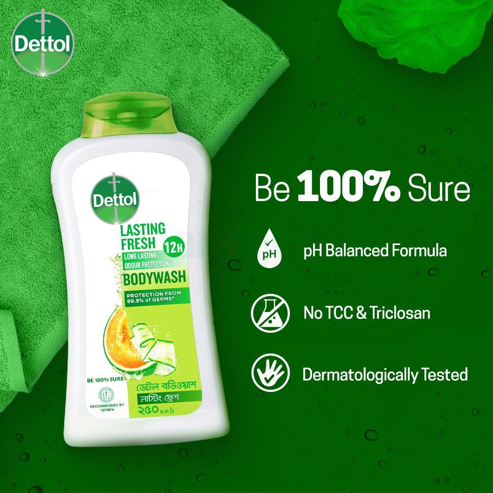 Dettol Lasting Fresh Antibacterial Body Wash Shower Gel with Refreshing Melon & Cucumber Fragrance 12 Hours Odour Protection 250ml  