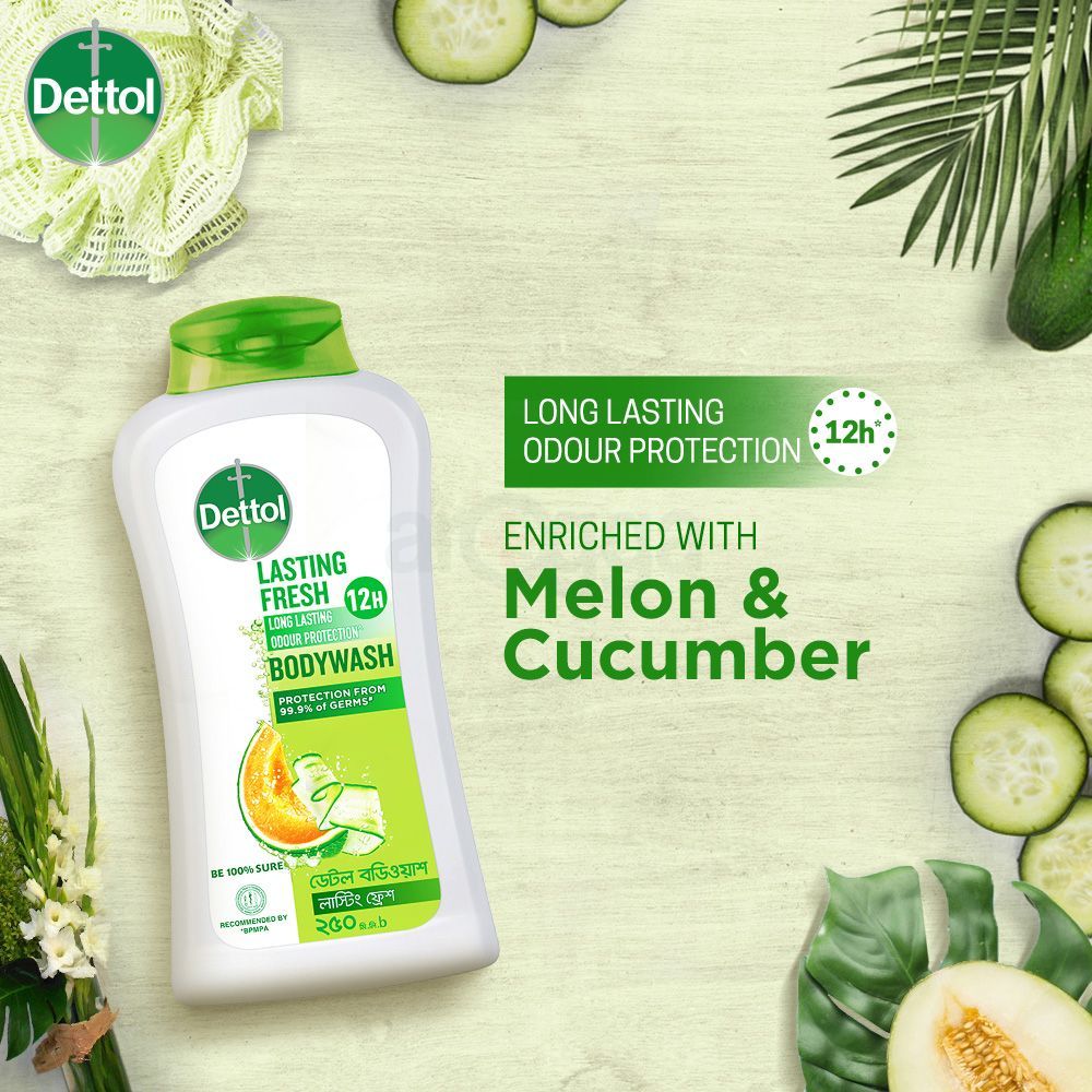 Dettol Lasting Fresh Antibacterial Body Wash Shower Gel with Refreshing Melon & Cucumber Fragrance 12 Hours Odour Protection 250ml  