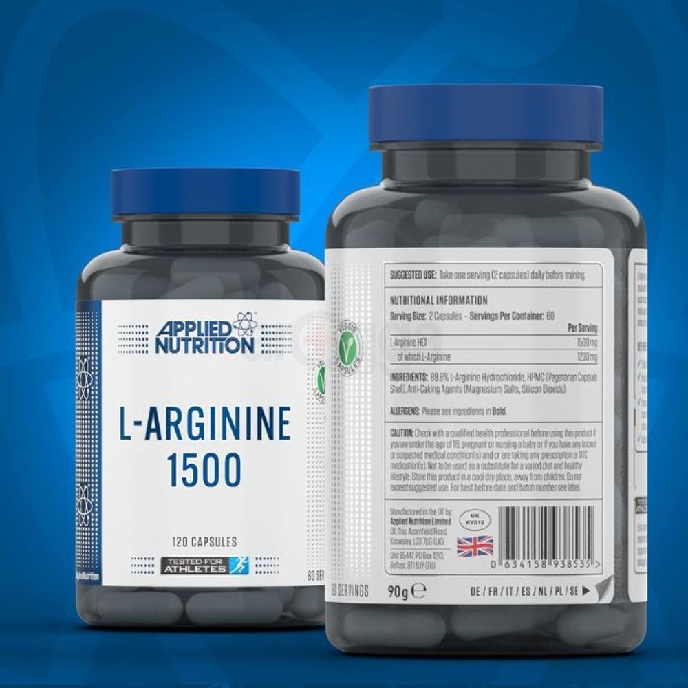 Applied Nutrition L-Arginine Capsules - 1500mg High Strength L Arginine Per Serving, Nitric Oxide Booster for Workout & Performance (60 Servings)  