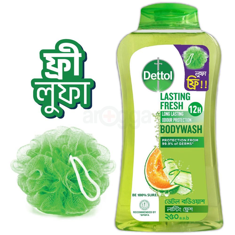 Dettol Antibacterial Body Wash Loofah Free Shower Gel Lasting Fresh with Refreshing Melon & Cucumber Fragrance, 12 Hours Odour Protection 250ml  