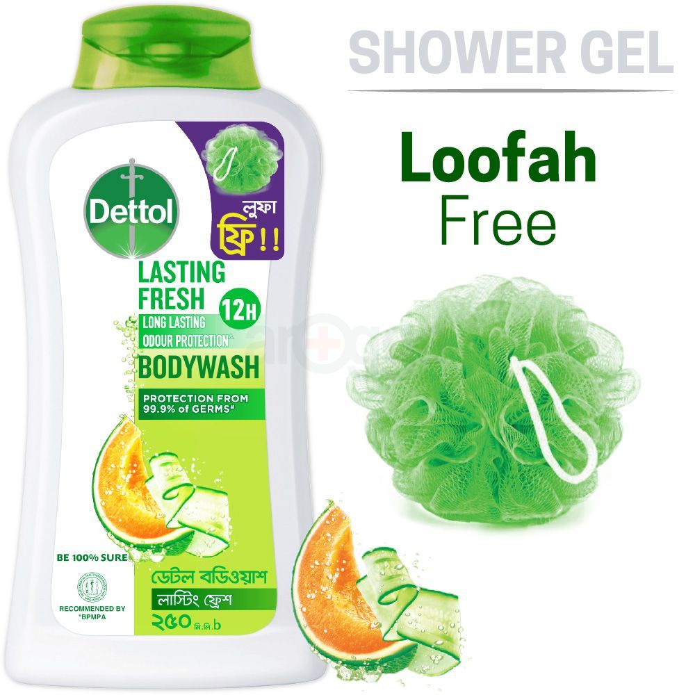 Dettol Antibacterial Body Wash Loofah Free Shower Gel Lasting Fresh with Refreshing Melon & Cucumber Fragrance, 12 Hours Odour Protection 250ml  