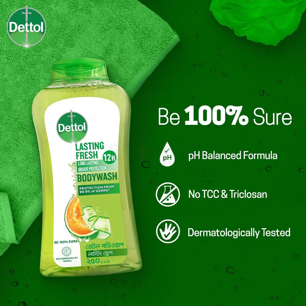 Dettol Antibacterial Body Wash Loofah Free Shower Gel Lasting Fresh with Refreshing Melon & Cucumber Fragrance, 12 Hours Odour Protection 250ml  