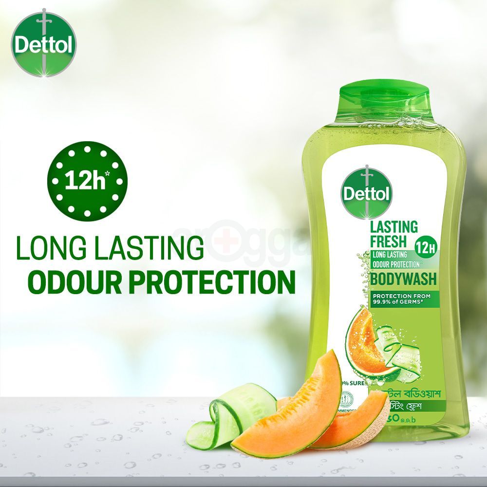 Dettol Antibacterial Body Wash Loofah Free Shower Gel Lasting Fresh with Refreshing Melon & Cucumber Fragrance, 12 Hours Odour Protection 250ml  
