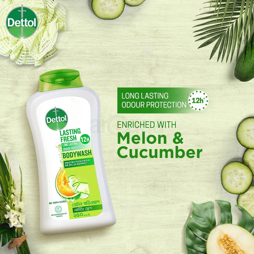 Dettol Antibacterial Body Wash Loofah Free Shower Gel Lasting Fresh with Refreshing Melon & Cucumber Fragrance, 12 Hours Odour Protection 250ml  