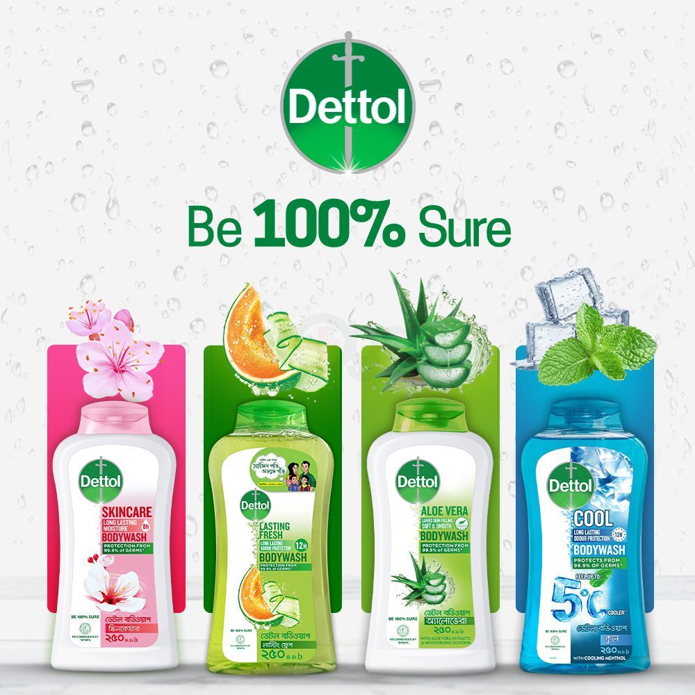 Dettol Antibacterial Body Wash Loofah Free Shower Gel Lasting Fresh with Refreshing Melon & Cucumber Fragrance, 12 Hours Odour Protection 250ml  