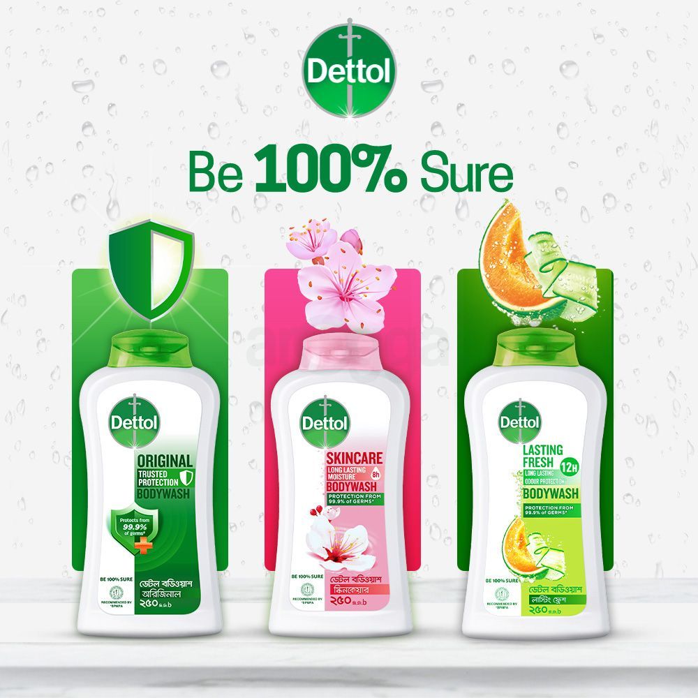 Dettol Antibacterial Body Wash Loofah Free Shower Gel Lasting Fresh with Refreshing Melon & Cucumber Fragrance, 12 Hours Odour Protection 250ml  