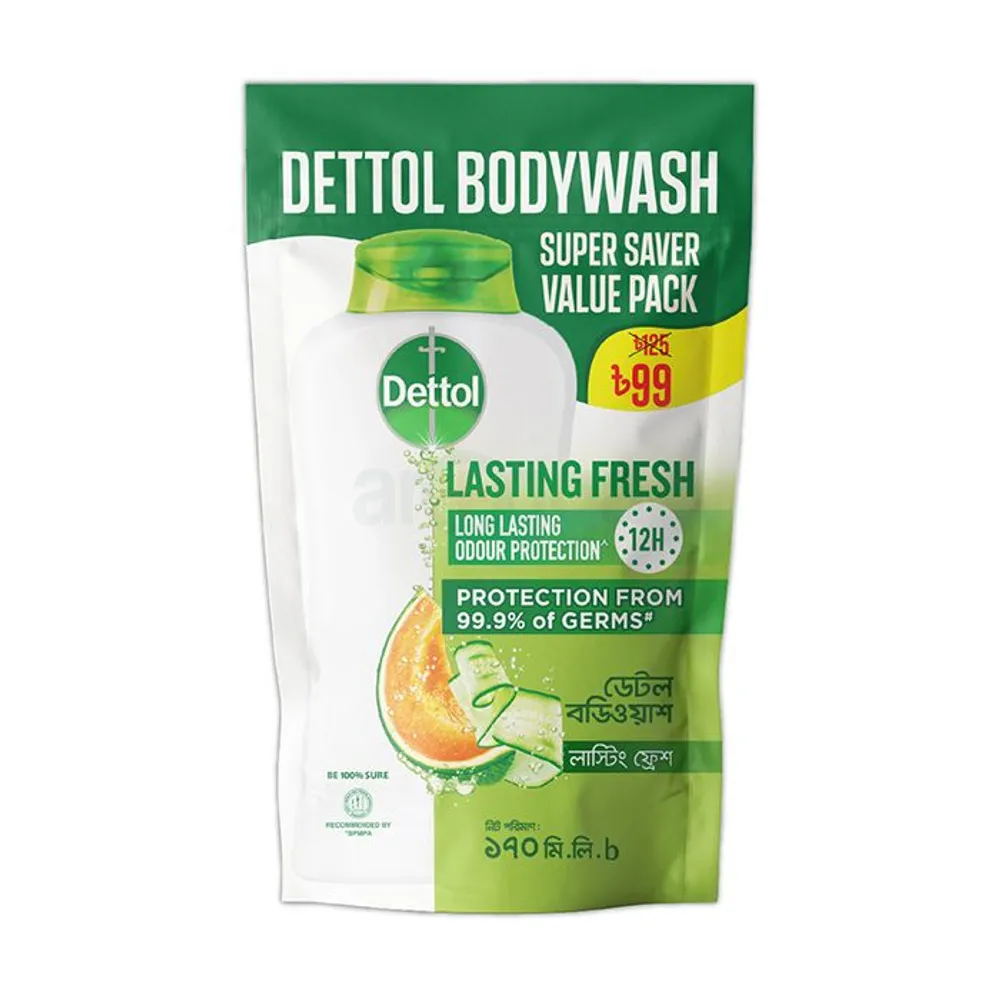 Dettol Body Wash Refill Lasting Fresh with Refreshing Melon & Cucumber Fragrance, 12 Hours Odour Protection 170ml Shower Gel  