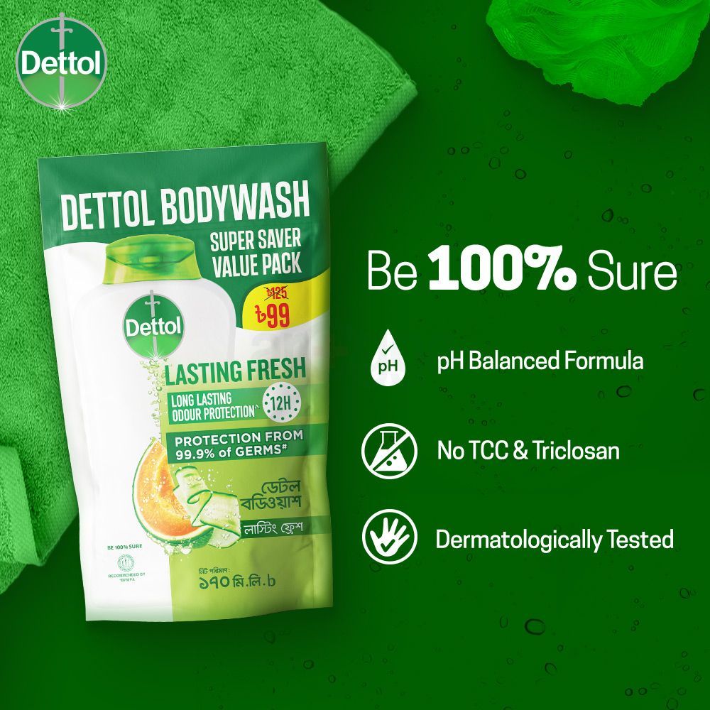 Dettol Body Wash Refill Lasting Fresh with Refreshing Melon & Cucumber Fragrance, 12 Hours Odour Protection 170ml Shower Gel  