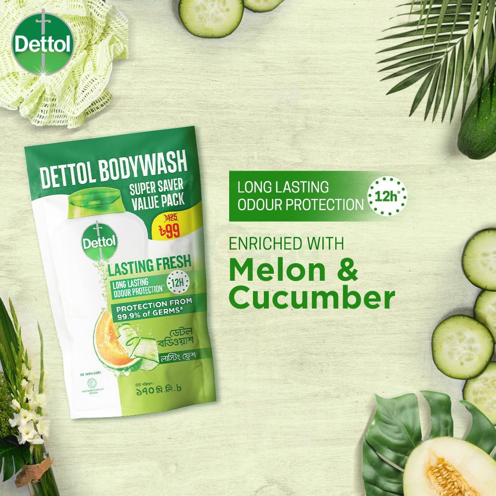 Dettol Body Wash Refill Lasting Fresh with Refreshing Melon & Cucumber Fragrance, 12 Hours Odour Protection 170ml Shower Gel  