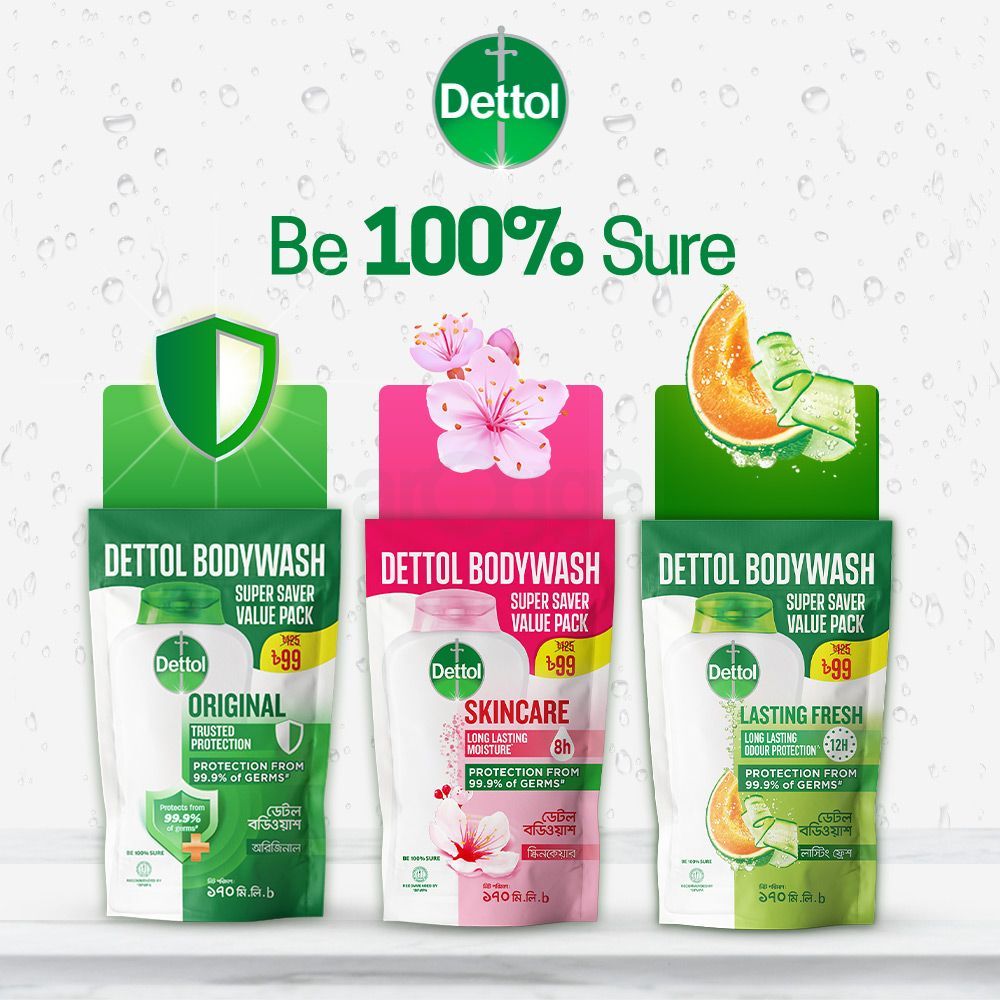 Dettol Body Wash Refill Lasting Fresh with Refreshing Melon & Cucumber Fragrance, 12 Hours Odour Protection 170ml Shower Gel  