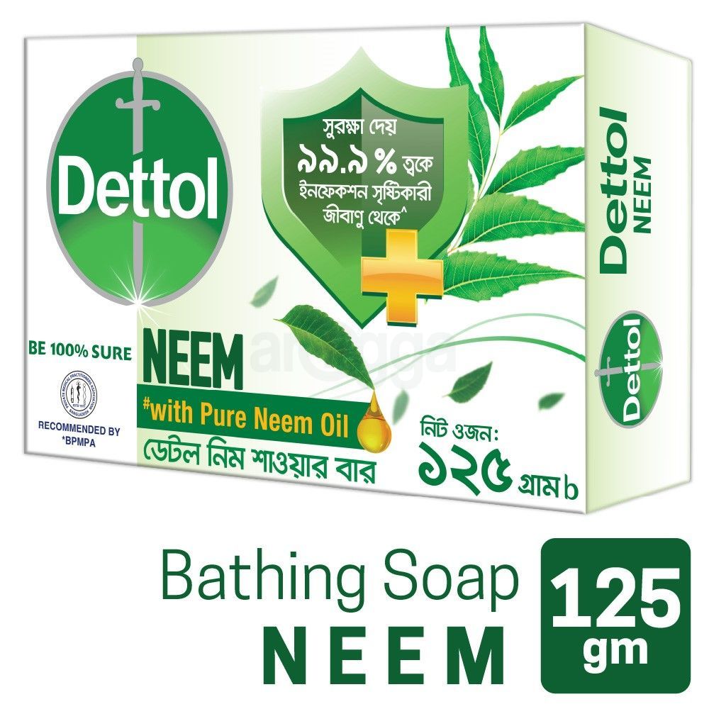 Dettol Soap Neem with Pure Neem Oil Bathing Shower Bar 125g, protects from 99.9% skin infection causing germs.  